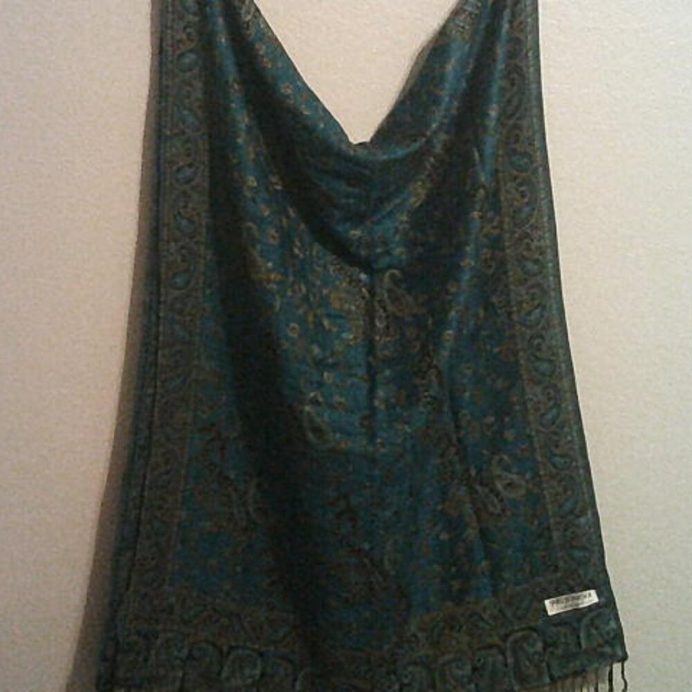Teal Paisley Pashmina Silk Blend Scarf Shawl Wrap Boho Fringe 60”